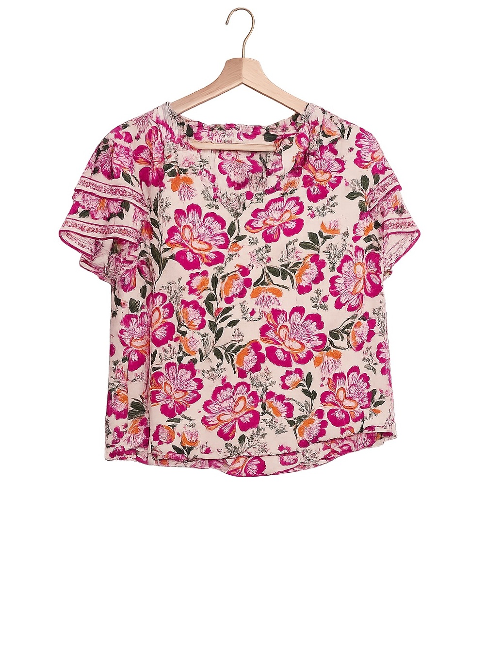Nicole Miller Floral Blouse Pink Orange Flutter Sleeve Top | Resort Boho Chic - Picture 2 of 11